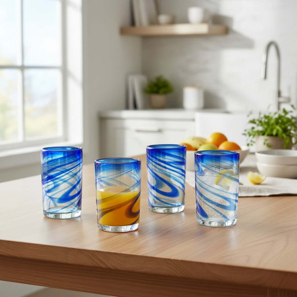 Blue Swirl Hand-Blown Glass | Mexican Drinking Tumbler Mexican Drinking Glass La Vie Bien Blue Swirl Hand-Blown Glass | Mexican Drinking Tumbler