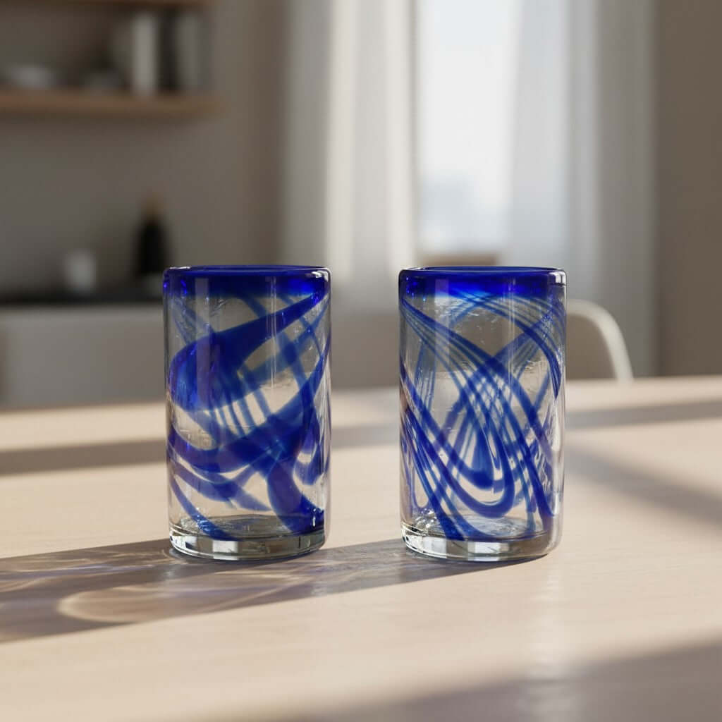 Blue Swirl Hand-Blown Glass | Mexican Drinking Tumbler Mexican Drinking Glass La Vie Bien Blue Swirl Hand-Blown Glass | Mexican Drinking Tumbler