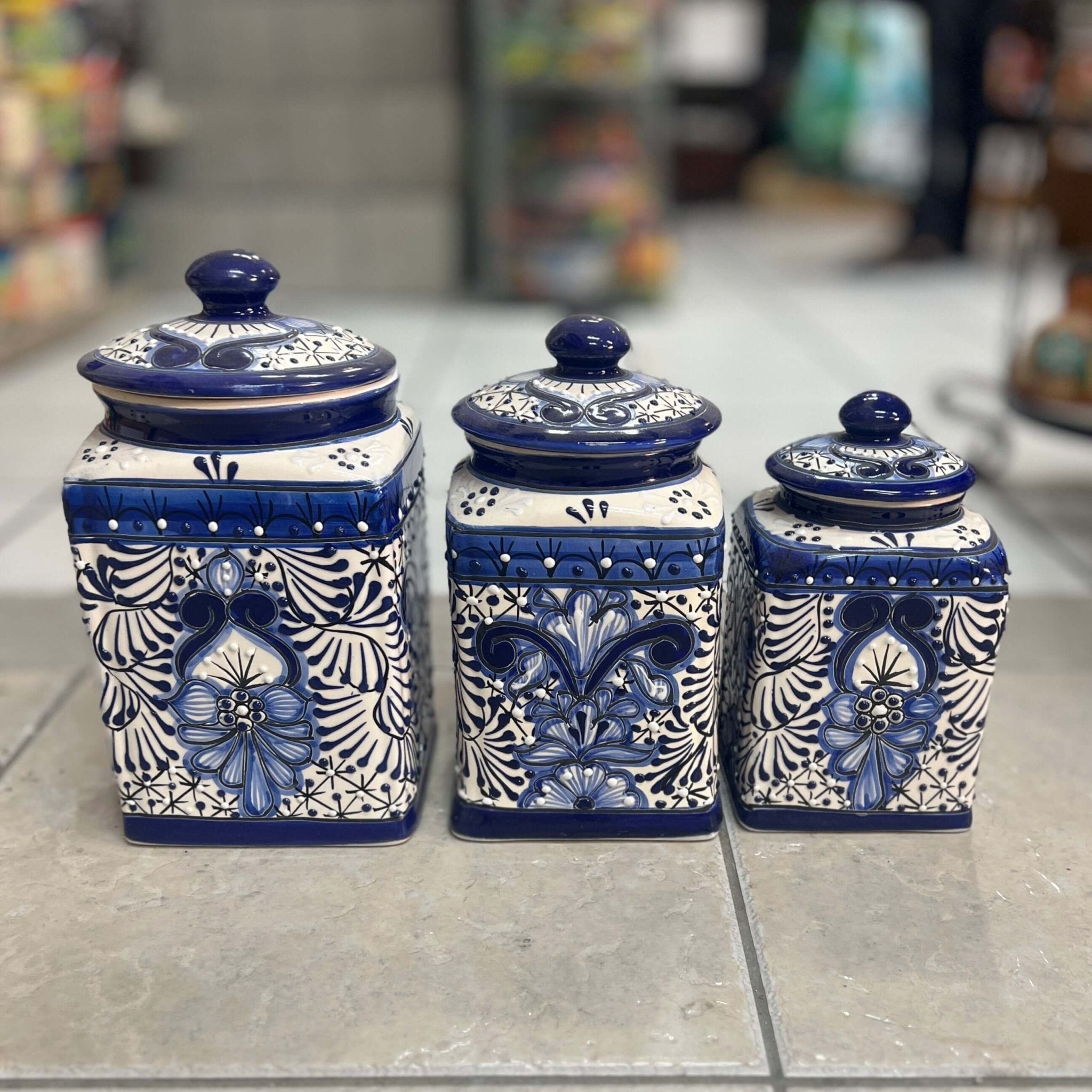 Blue Talavera Canister Set | Handmade Mexican Ceramic Jars Talavera Canister Set La Vie Bien Blue Talavera Canister Set | Handmade Mexican Ceramic Jars