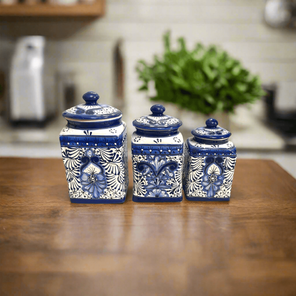 Blue Talavera Canister Set | Handmade Mexican Ceramic Jars Talavera Canister Set La Vie Bien Blue Talavera Canister Set | Handmade Mexican Ceramic Jars