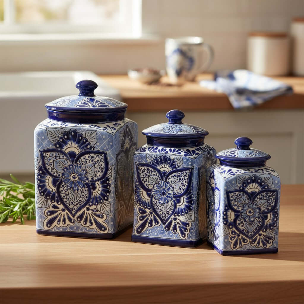 Blue Talavera Canister Set | Handmade Mexican Ceramic Jars Talavera Canister Set La Vie Bien Blue Talavera Canister Set | Handmade Mexican Ceramic Jars