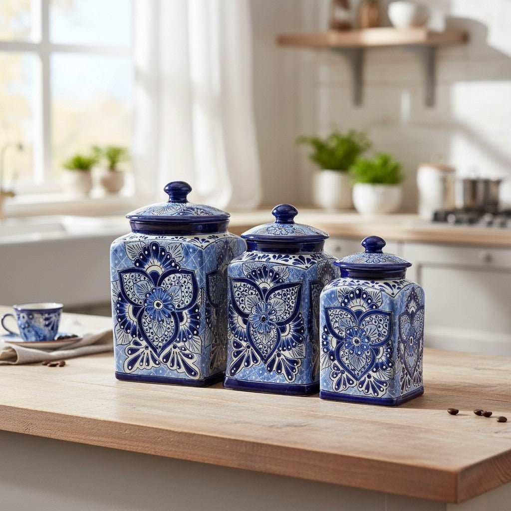 Blue Talavera Canister Set | Handmade Mexican Ceramic Jars Talavera Canister Set La Vie Bien Blue Talavera Canister Set | Handmade Mexican Ceramic Jars
