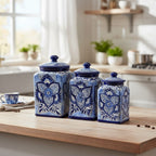 Blue Talavera Canister Set | Handmade Mexican Ceramic Jars Talavera Canister Set La Vie Bien Blue Talavera Canister Set | Handmade Mexican Ceramic Jars