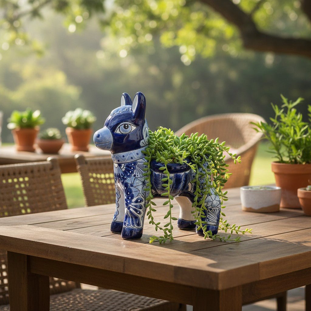 Blue Talavera Donkey Planter | Handcrafted Mexican Pottery Talavera Planter La Vie Bien Blue Talavera Donkey Planter | Handcrafted Mexican Pottery