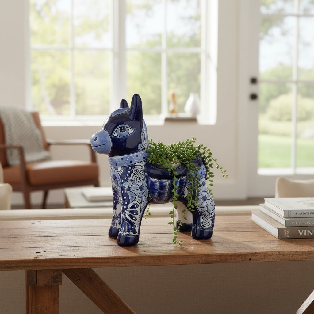 Blue Talavera Donkey Planter | Handcrafted Mexican Pottery Talavera Planter La Vie Bien Blue Talavera Donkey Planter | Handcrafted Mexican Pottery