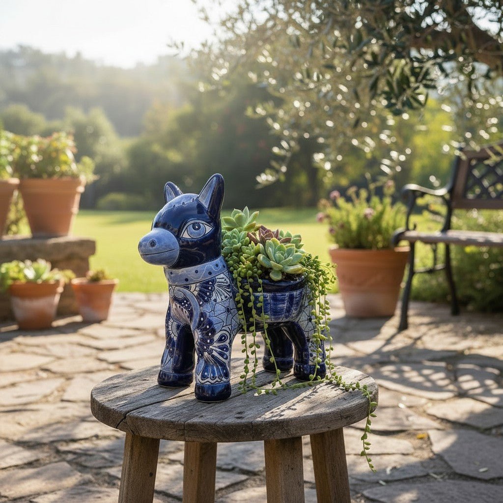 Blue Talavera Donkey Planter | Handcrafted Mexican Pottery Talavera Planter La Vie Bien Blue Talavera Donkey Planter | Handcrafted Mexican Pottery
