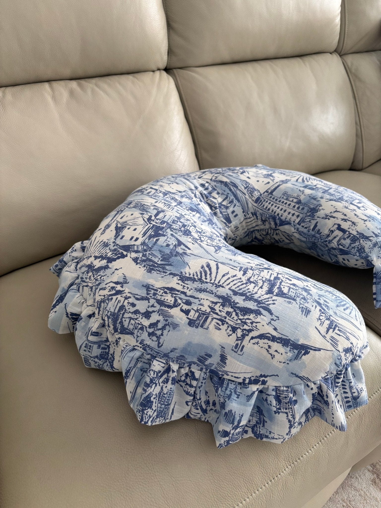 Blue Toile Ruffle Nursing Pillow Cover La Vie Bien Blue Toile Ruffle Nursing Pillow Cover