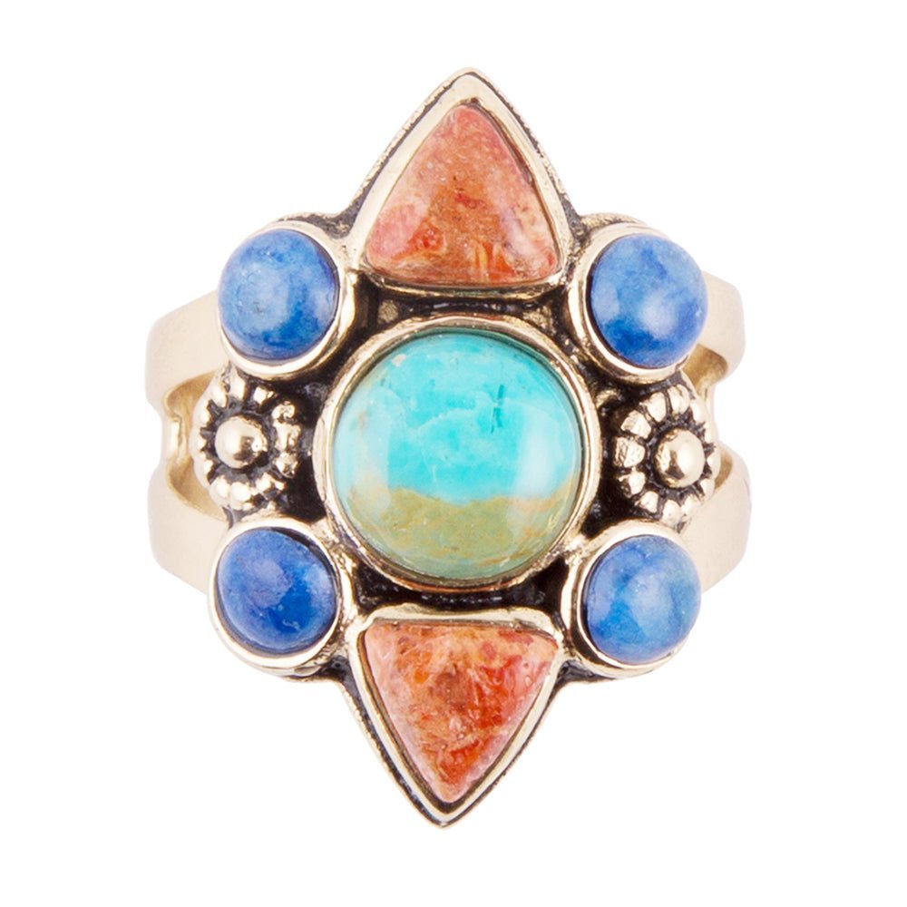 Blue Turquoise and Colorful Multi-Stone Golden Statement Ring Rings La Vie Bien Blue Turquoise and Colorful Multi-Stone Golden Statement Ring