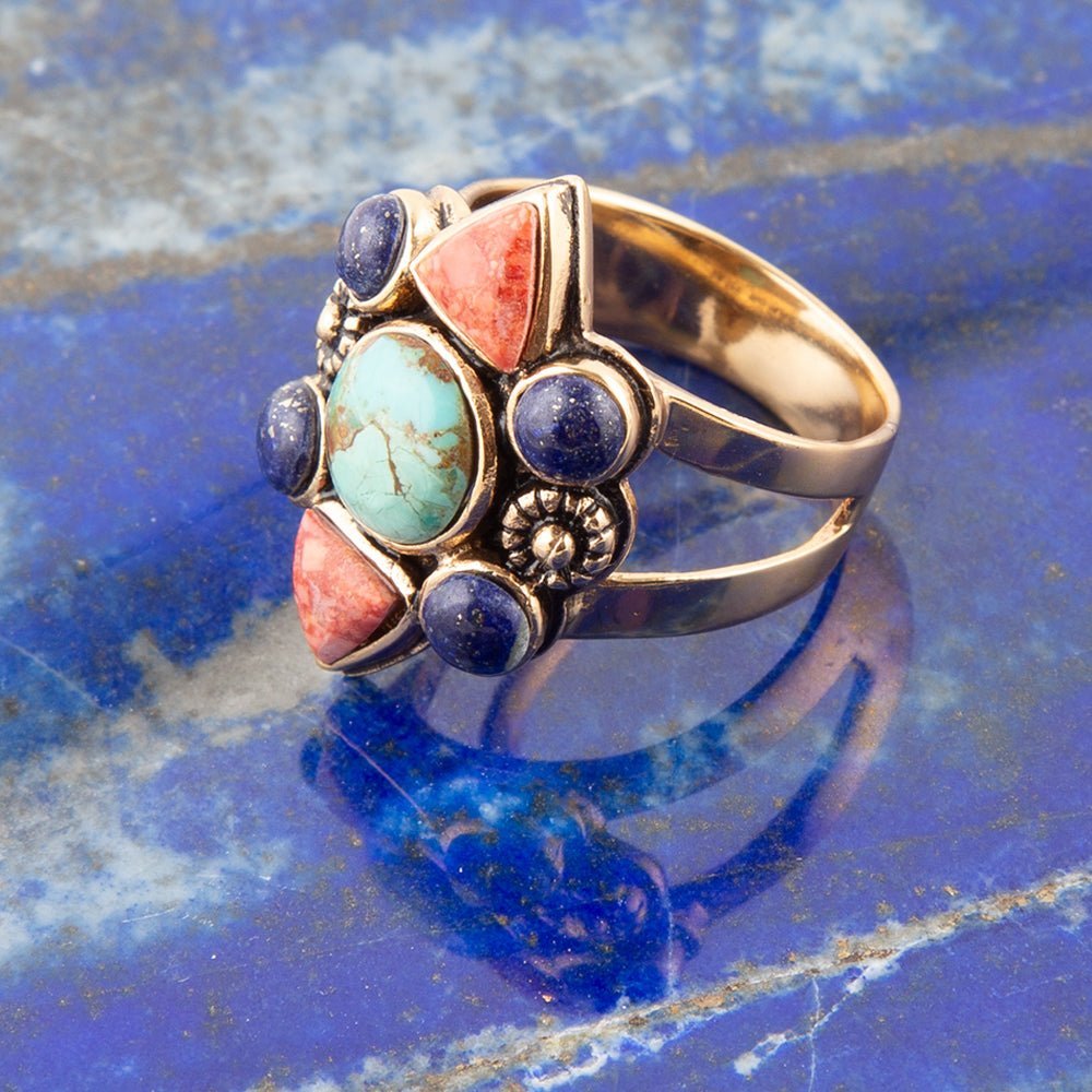 Blue Turquoise and Colorful Multi-Stone Golden Statement Ring Rings La Vie Bien Blue Turquoise and Colorful Multi-Stone Golden Statement Ring