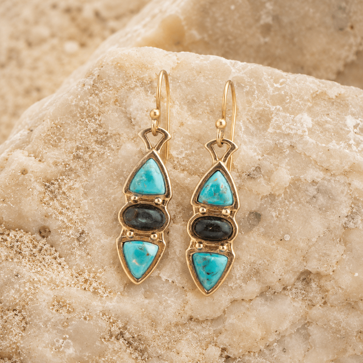 Blue Turquoise and Grey Labradorite Golden Drop Earrings Earrings La Vie Bien Blue Turquoise and Grey Labradorite Golden Drop Earrings