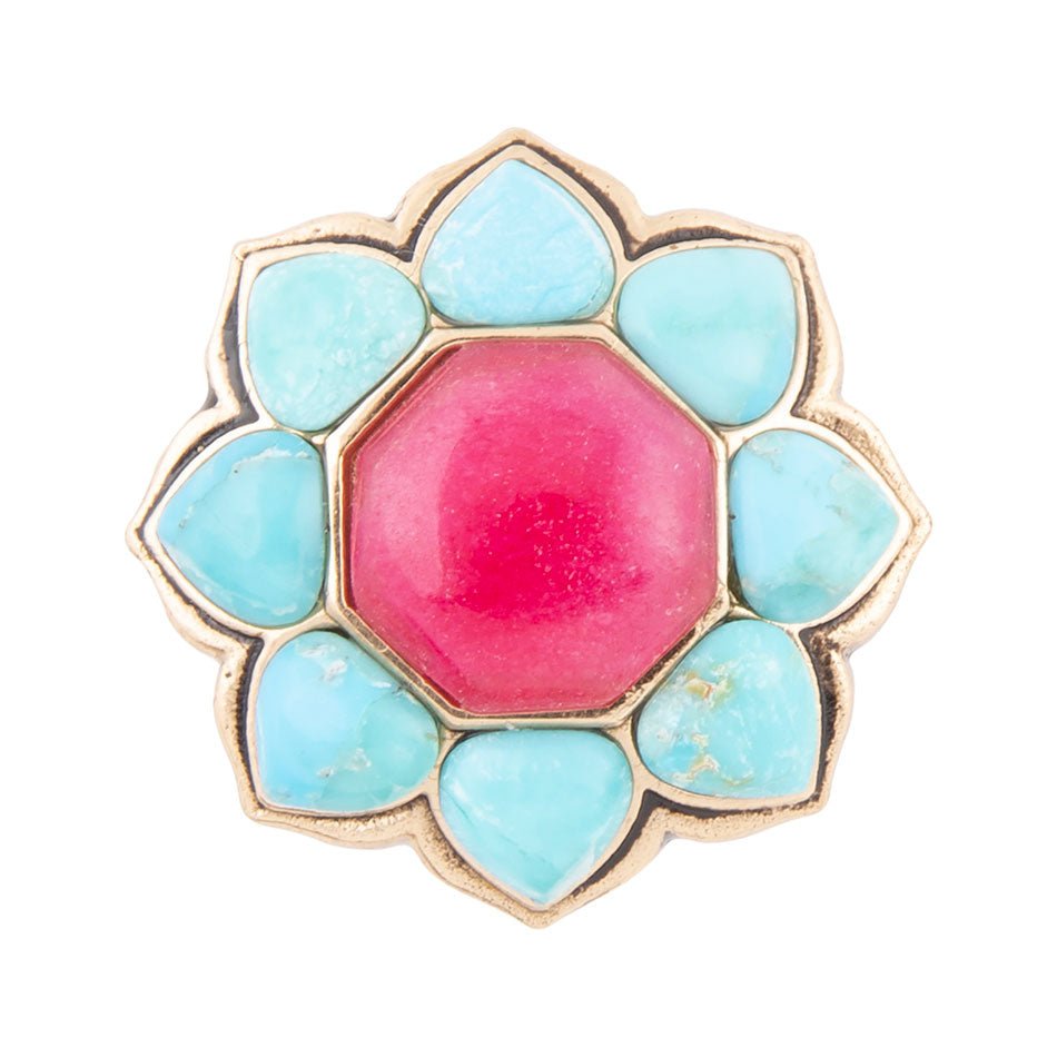Blue Turquoise and Red Quartz Flower Golden Ring