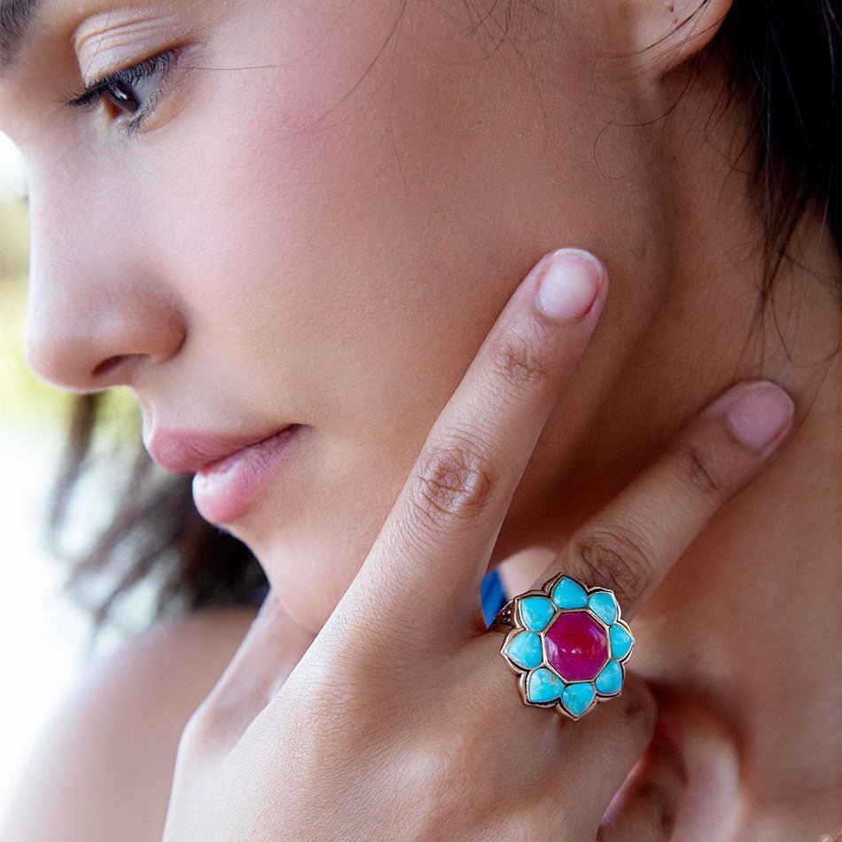 Blue Turquoise and Red Quartz Flower Golden Ring Rings La Vie Bien Blue Turquoise and Red Quartz Flower Golden Ring