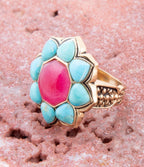 Blue Turquoise and Red Quartz Flower Golden Ring Rings La Vie Bien Blue Turquoise and Red Quartz Flower Golden Ring