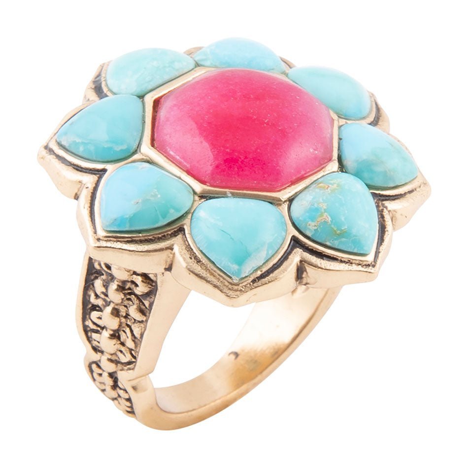 Blue Turquoise and Red Quartz Flower Golden Ring Rings La Vie Bien Blue Turquoise and Red Quartz Flower Golden Ring