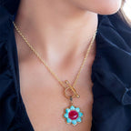 Blue Turquoise and Red Quartz Golden Chain Necklace Earrings La Vie Bien Blue Turquoise and Red Quartz Golden Chain Necklace