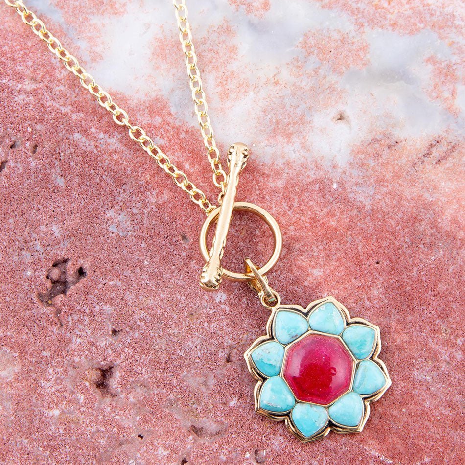 Blue Turquoise and Red Quartz Golden Chain Necklace Earrings La Vie Bien Blue Turquoise and Red Quartz Golden Chain Necklace