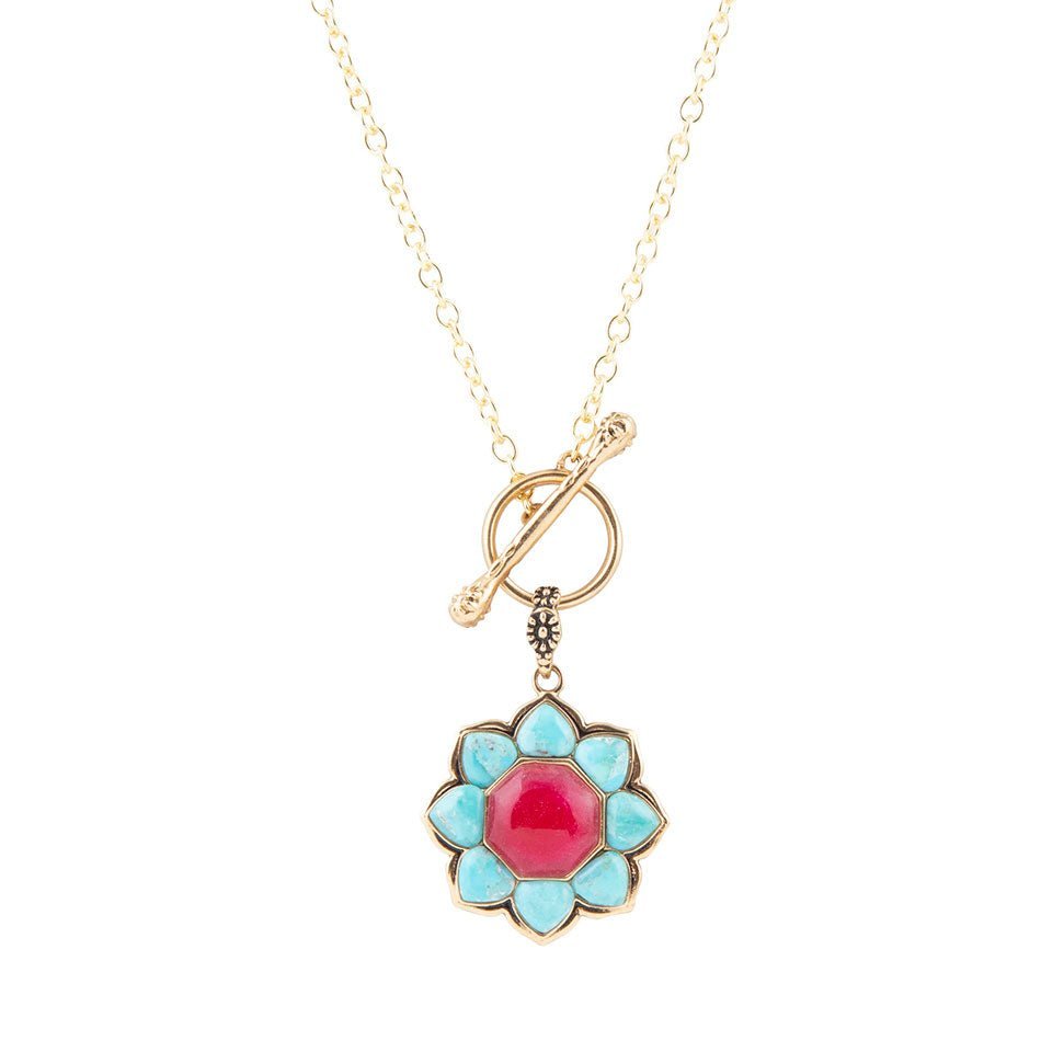 Blue Turquoise and Red Quartz Golden Chain Necklace Earrings La Vie Bien Blue Turquoise and Red Quartz Golden Chain Necklace