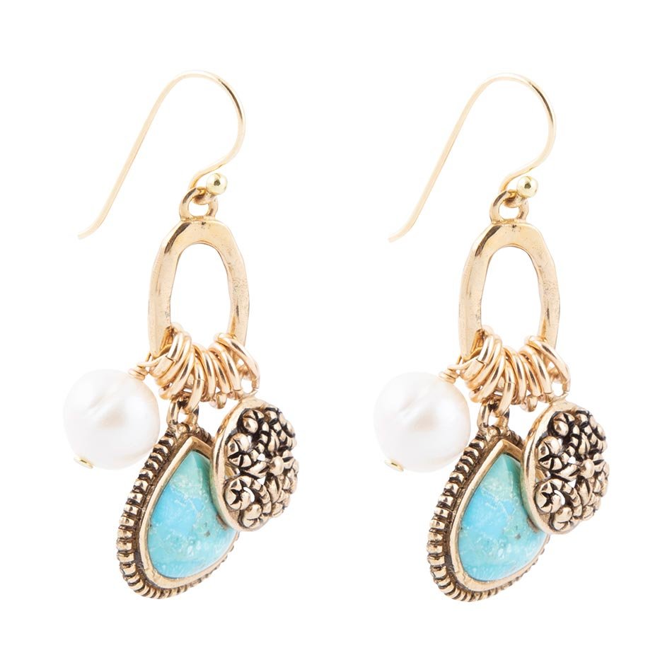 Blue Turquoise and White Pearl Multi Charm Golden Charm Earrings