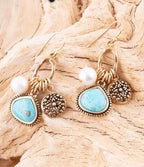Blue Turquoise and White Pearl Multi Charm Golden Charm Earrings by Barse Jewelry