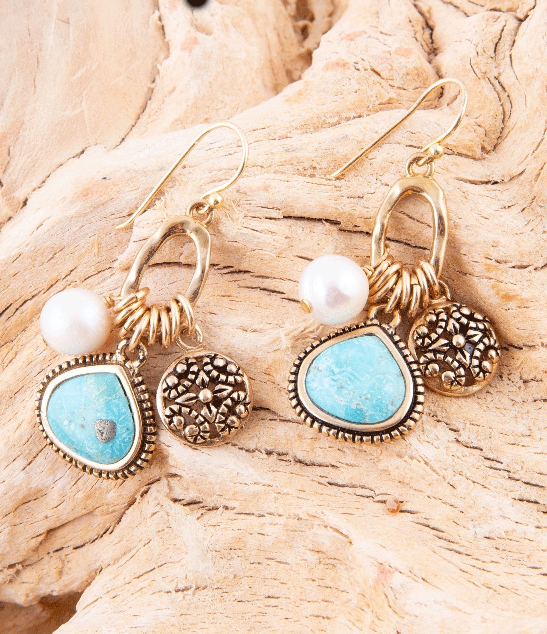 Blue Turquoise and White Pearl Multi Charm Golden Charm Earrings by Barse Jewelry