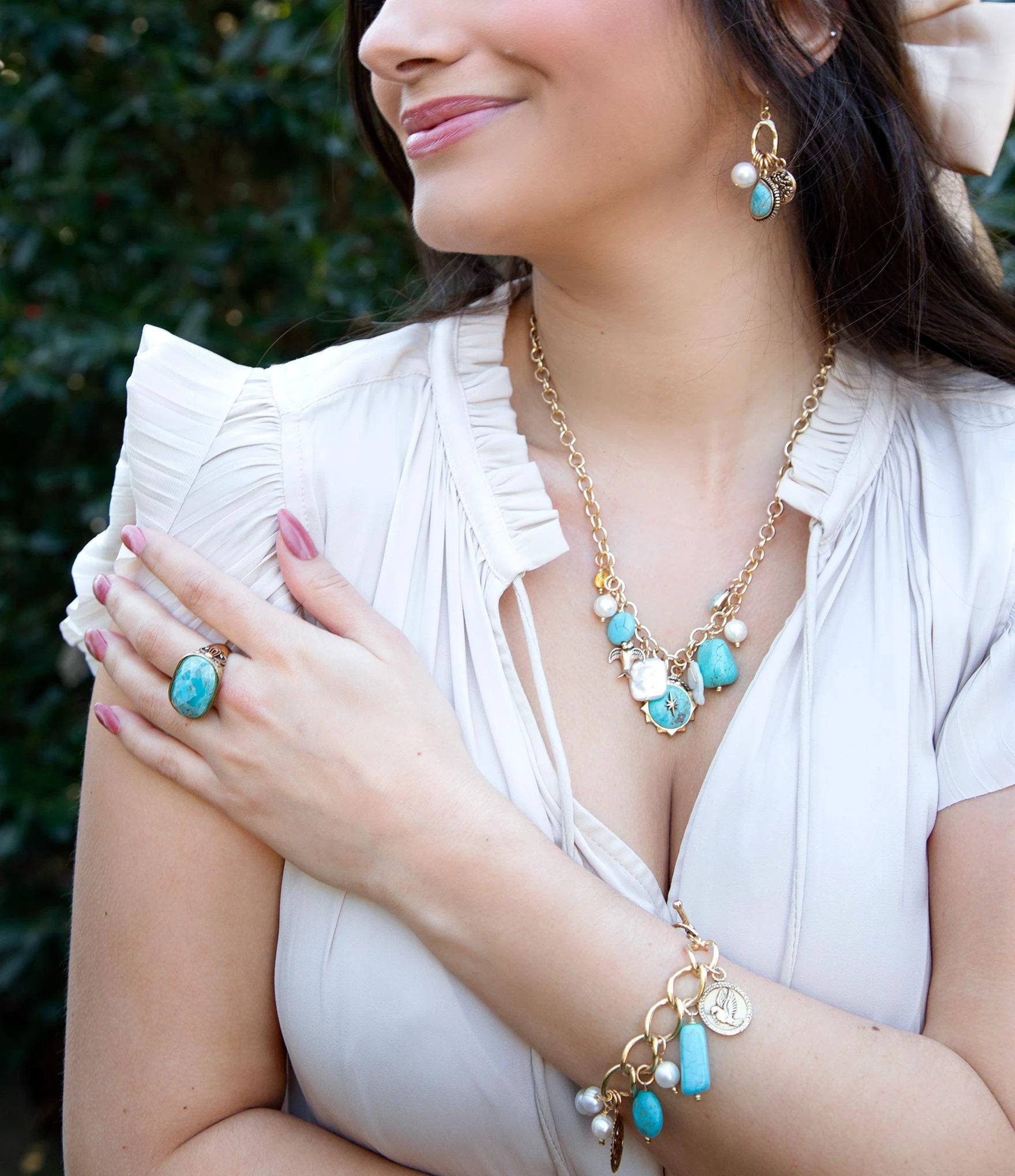 Blue Turquoise and White Pearl Multi Charm Golden Charm Earrings by Barse Jewelry