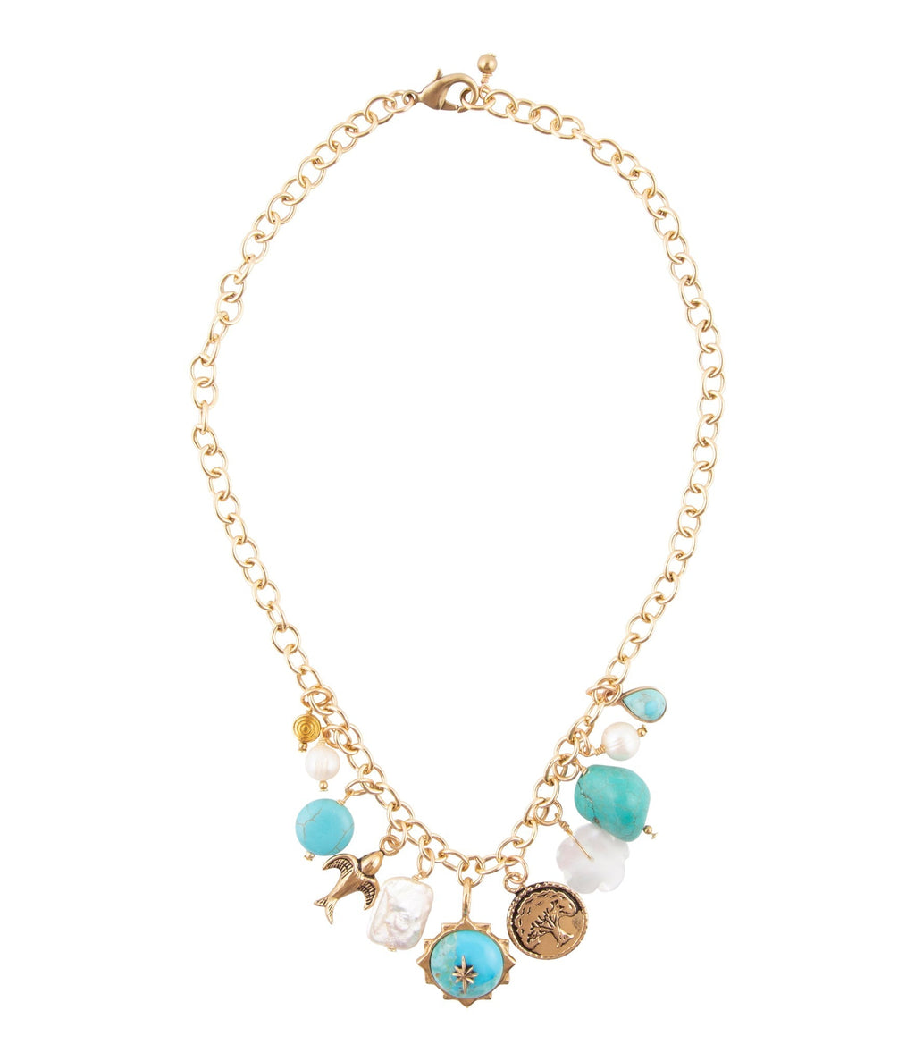 Blue Turquoise and White Pearl Multi Charm Golden Necklace Necklaces La Vie Bien Blue Turquoise and White Pearl Multi Charm Golden Necklace