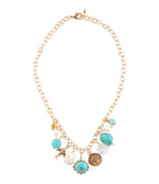 Blue Turquoise and White Pearl Multi Charm Golden Necklace Necklaces La Vie Bien Blue Turquoise and White Pearl Multi Charm Golden Necklace