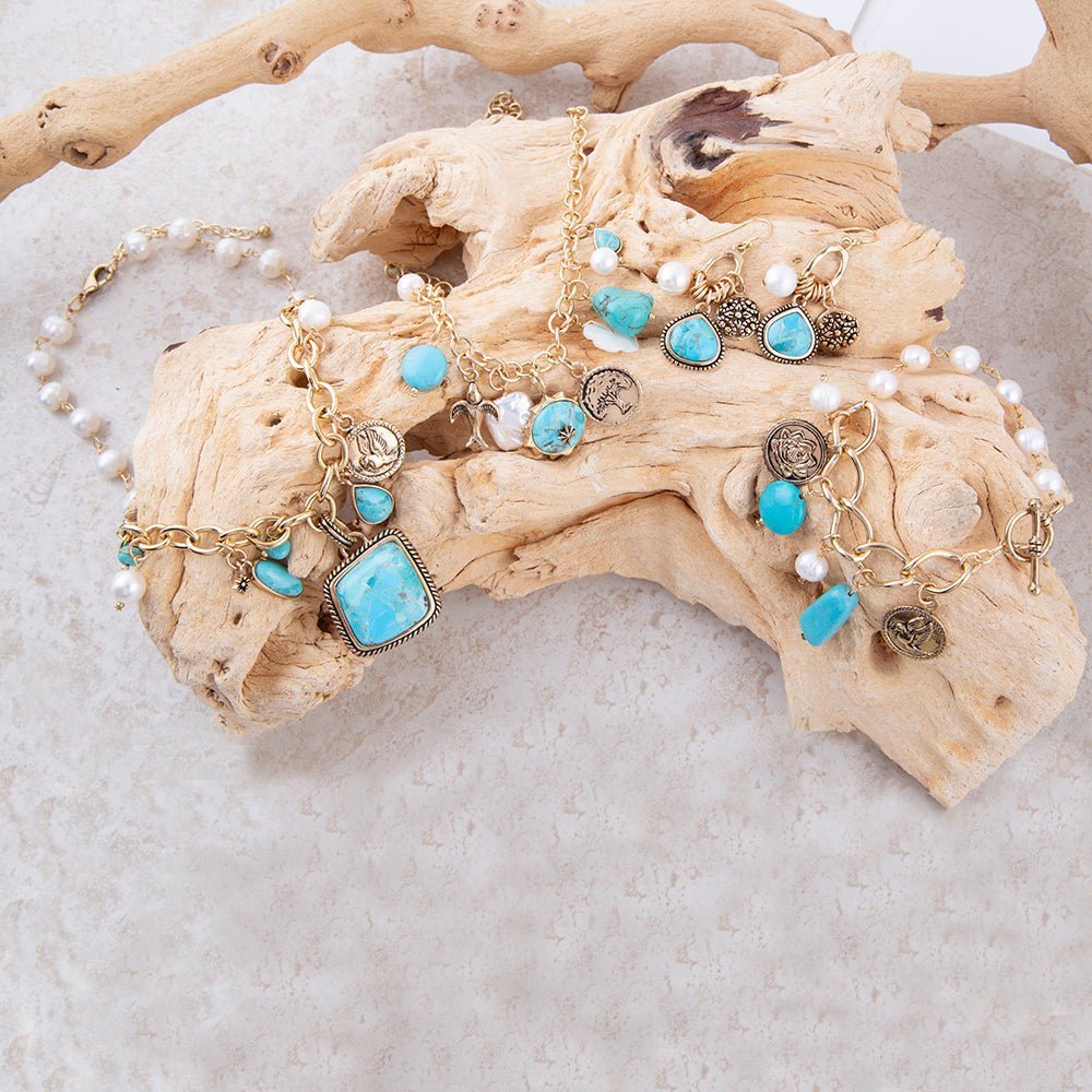 Blue Turquoise and White Pearl Multi Charm Golden Necklace Necklaces La Vie Bien Blue Turquoise and White Pearl Multi Charm Golden Necklace