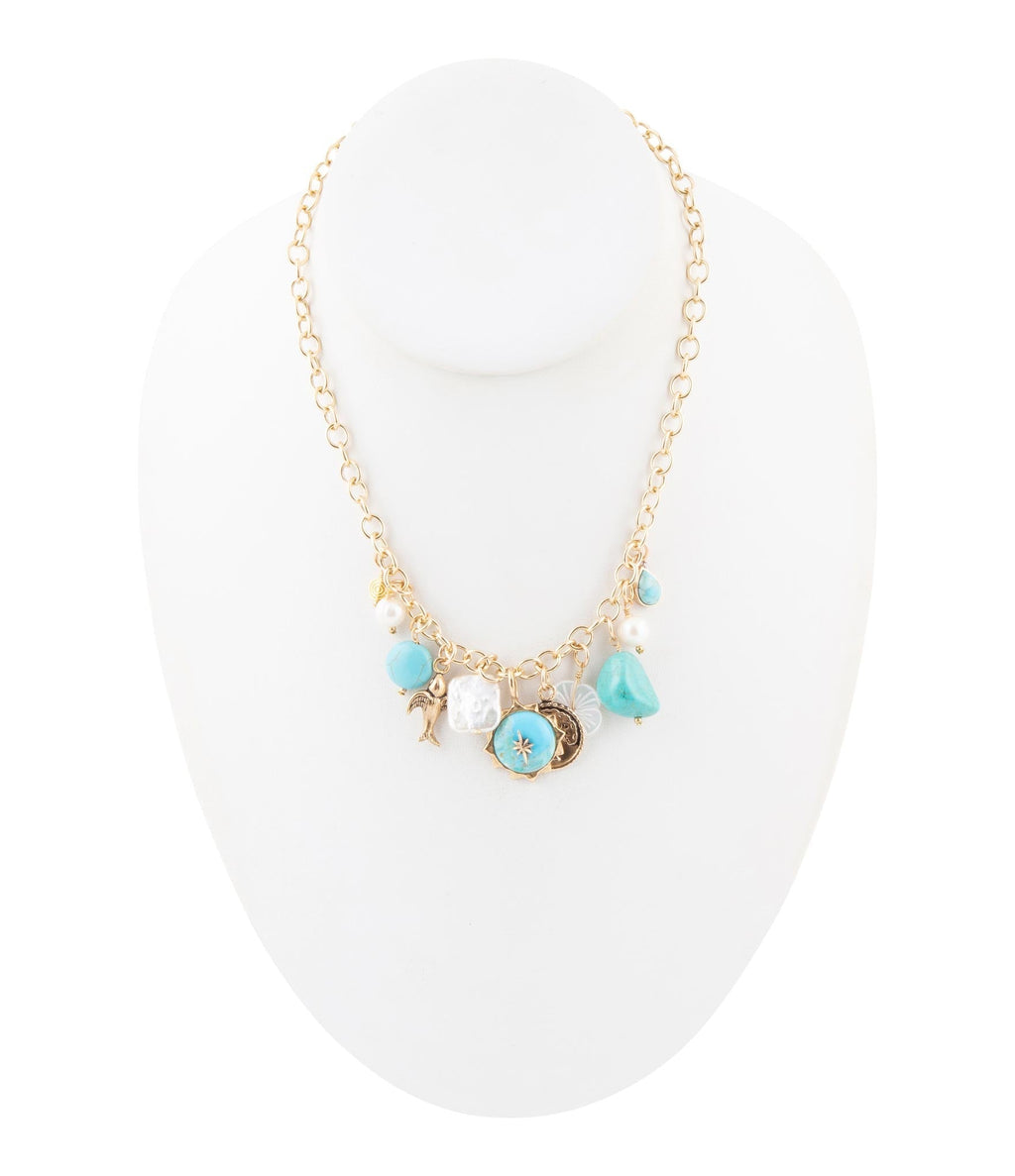 Blue Turquoise and White Pearl Multi Charm Golden Necklace Necklaces La Vie Bien Blue Turquoise and White Pearl Multi Charm Golden Necklace