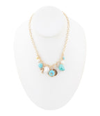 Blue Turquoise and White Pearl Multi Charm Golden Necklace Necklaces La Vie Bien Blue Turquoise and White Pearl Multi Charm Golden Necklace