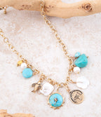 Blue Turquoise and White Pearl Multi Charm Golden Necklace Necklaces La Vie Bien Blue Turquoise and White Pearl Multi Charm Golden Necklace