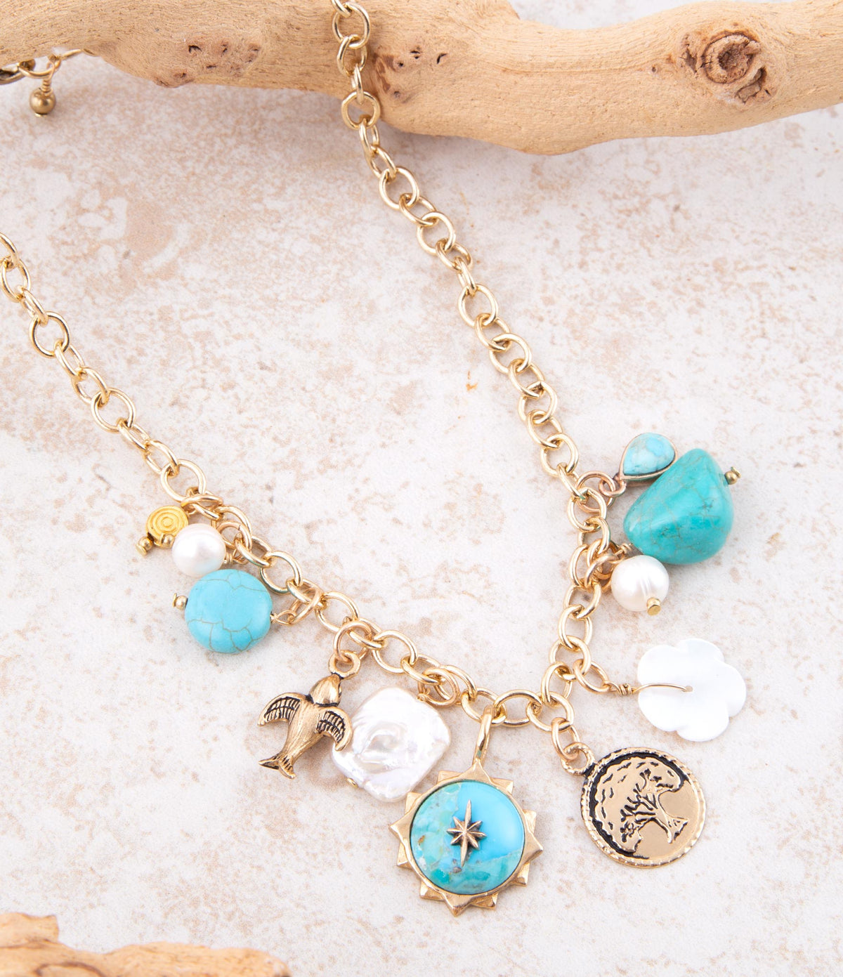 Blue Turquoise and White Pearl Multi Charm Golden Necklace Necklaces La Vie Bien Blue Turquoise and White Pearl Multi Charm Golden Necklace