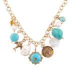 Blue Turquoise and White Pearl Multi Charm Golden Necklace Necklaces La Vie Bien Blue Turquoise and White Pearl Multi Charm Golden Necklace