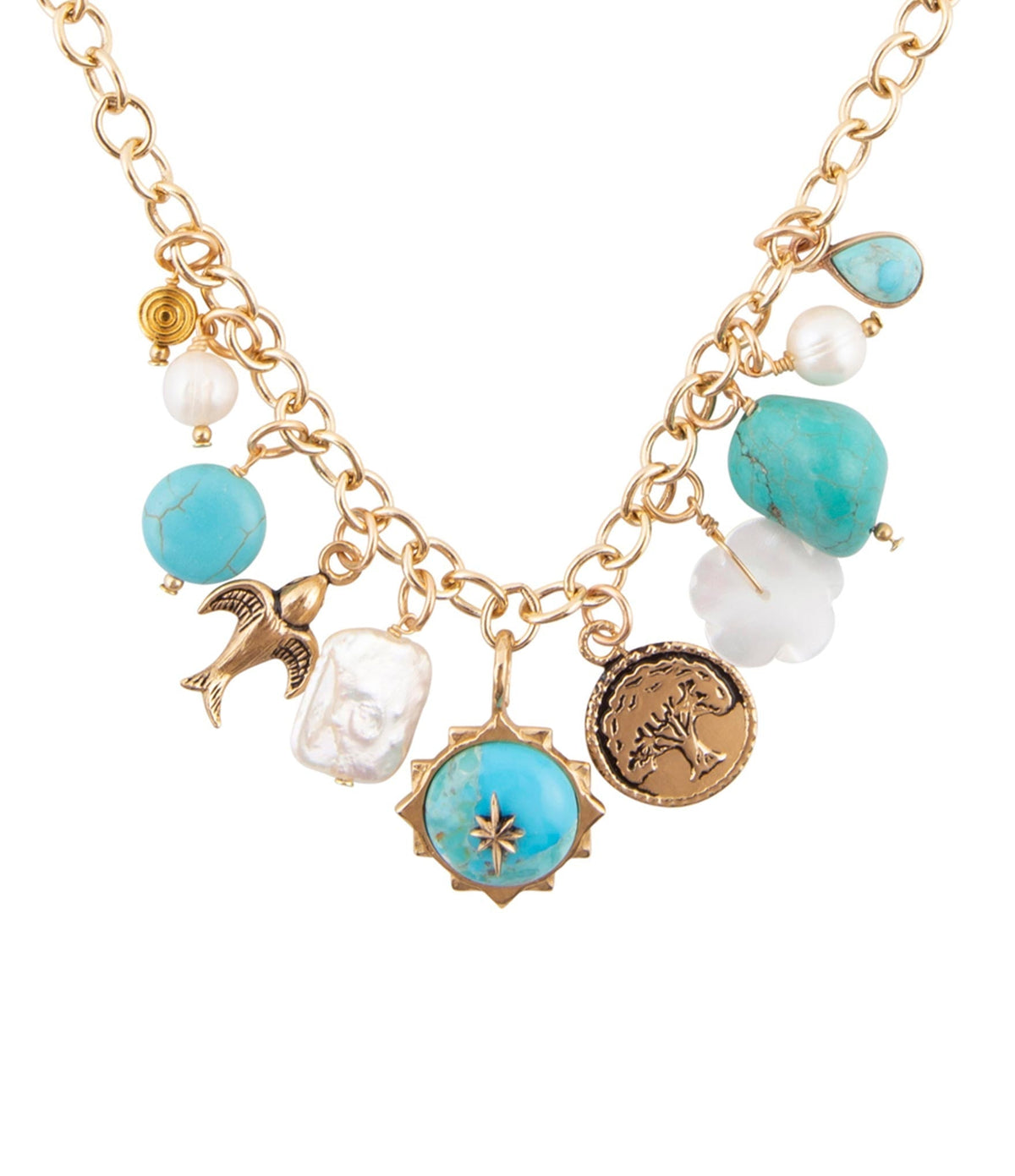 Blue Turquoise and White Pearl Multi Charm Golden Necklace Necklaces La Vie Bien Blue Turquoise and White Pearl Multi Charm Golden Necklace