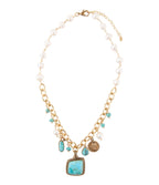 Blue Turquoise and White Pearl Multi Pendant Golden Necklace Necklaces La Vie Bien Blue Turquoise and White Pearl Multi Pendant Golden Necklace