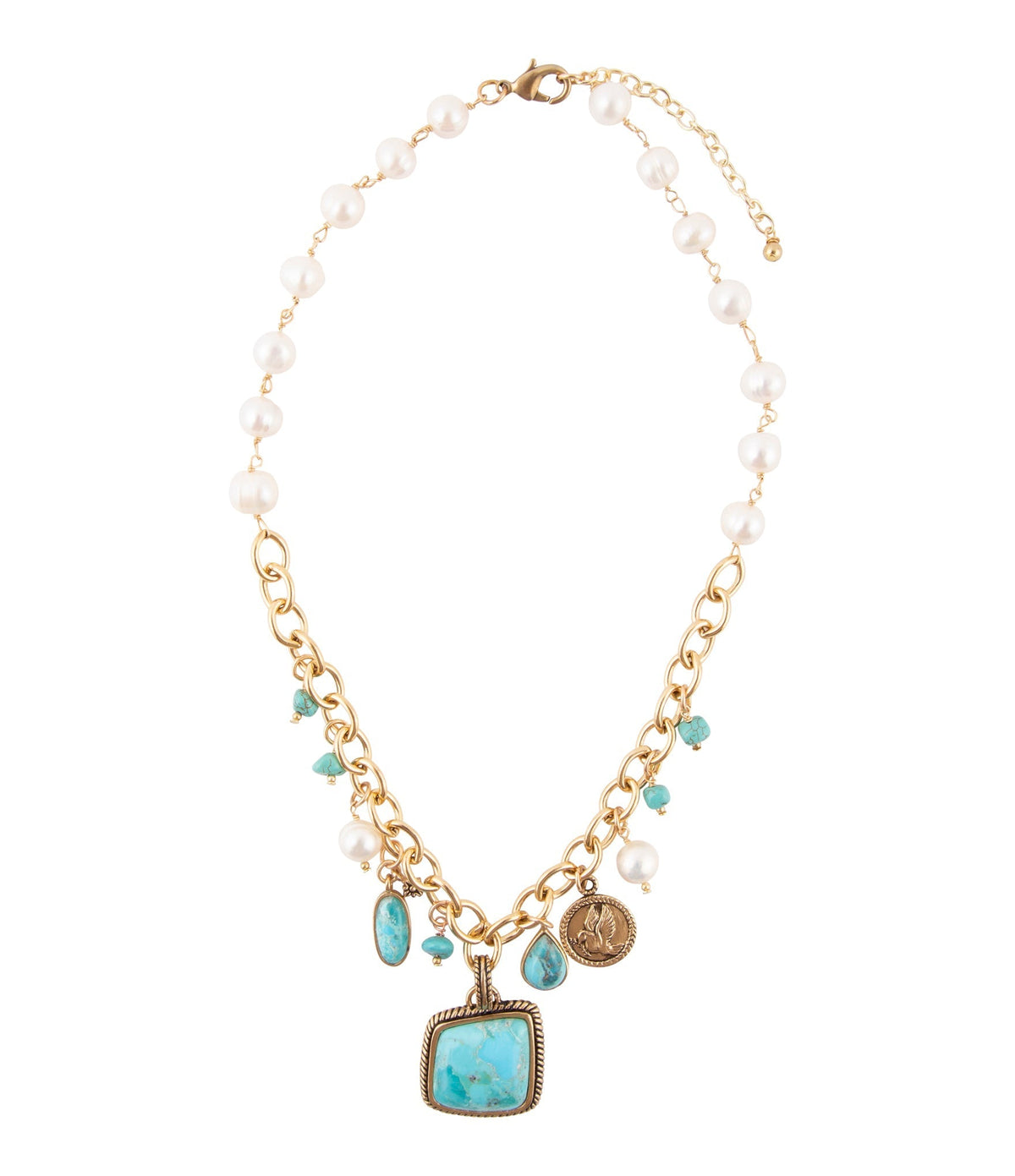 Blue Turquoise and White Pearl Multi Pendant Golden Necklace Necklaces La Vie Bien Blue Turquoise and White Pearl Multi Pendant Golden Necklace