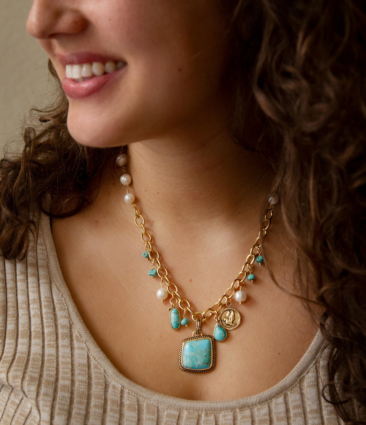 Blue Turquoise and White Pearl Multi Pendant Golden Necklace Necklaces La Vie Bien Blue Turquoise and White Pearl Multi Pendant Golden Necklace