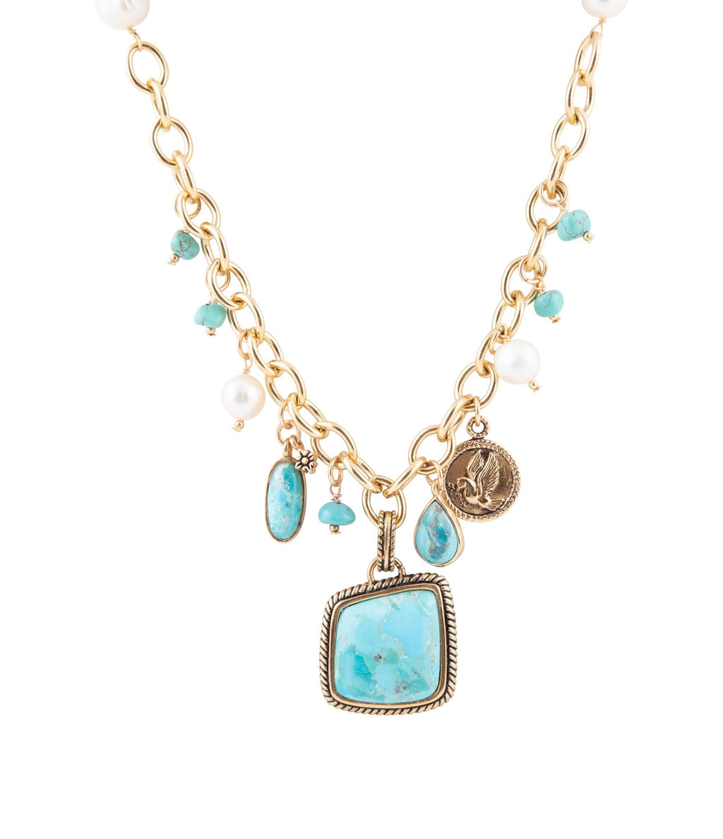 Blue Turquoise and White Pearl Multi Pendant Golden Necklace Necklaces La Vie Bien Blue Turquoise and White Pearl Multi Pendant Golden Necklace