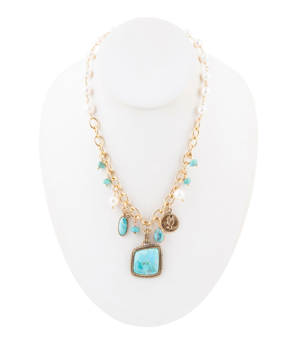 Blue Turquoise and White Pearl Multi Pendant Golden Necklace Necklaces La Vie Bien Blue Turquoise and White Pearl Multi Pendant Golden Necklace