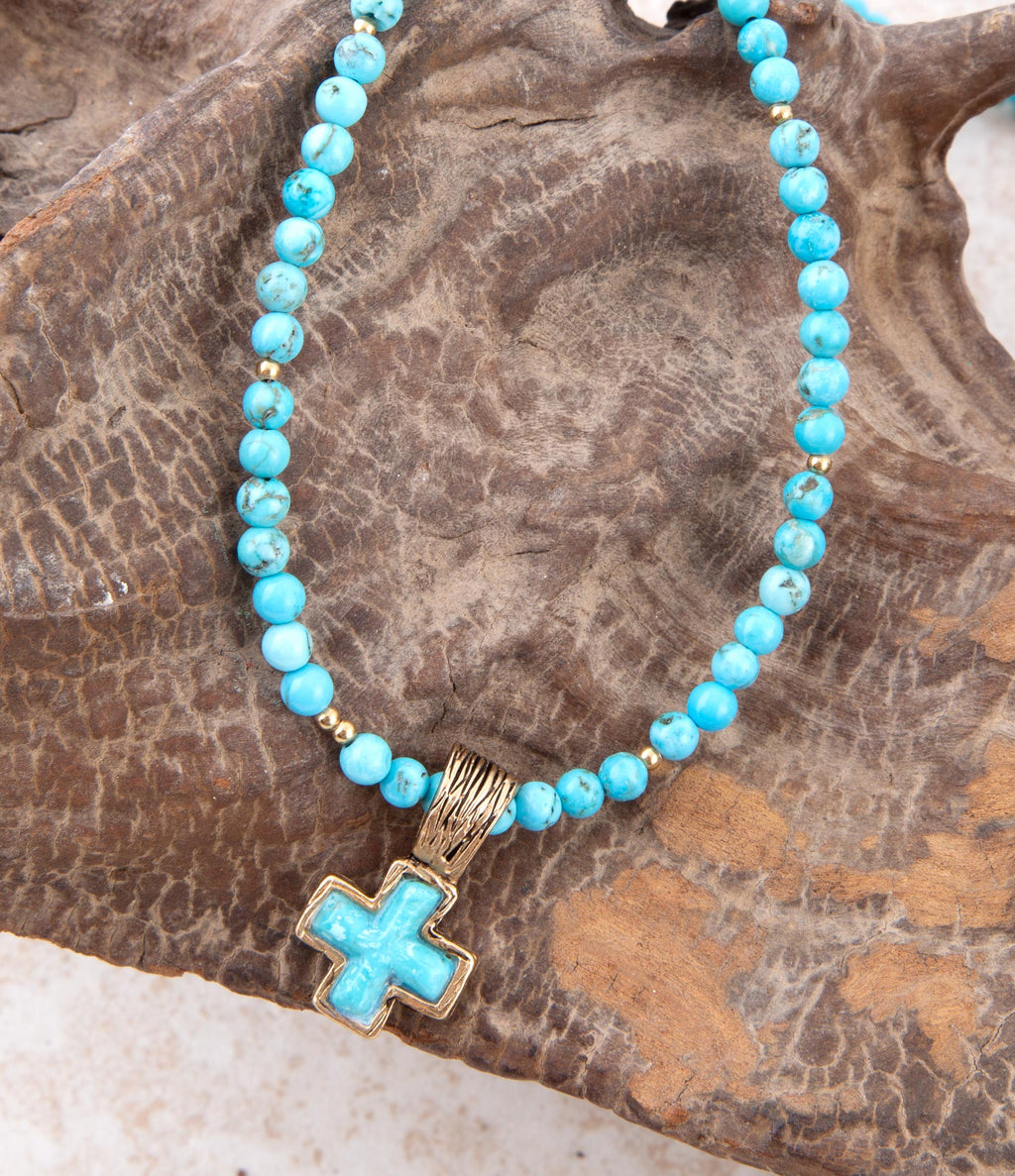 Blue Turquoise Cross Golden Pendant Necklace Necklaces La Vie Bien Blue Turquoise Cross Golden Pendant Necklace