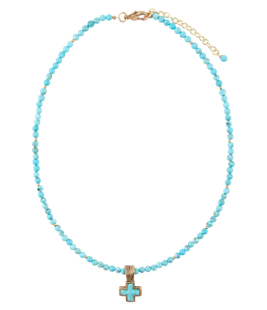 Blue Turquoise Cross Golden Pendant Necklace Necklaces La Vie Bien Blue Turquoise Cross Golden Pendant Necklace