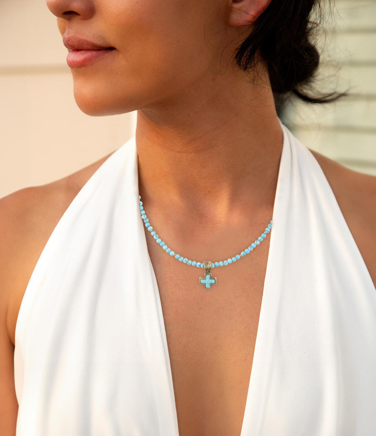 Blue Turquoise Cross Golden Pendant Necklace Necklaces La Vie Bien Blue Turquoise Cross Golden Pendant Necklace