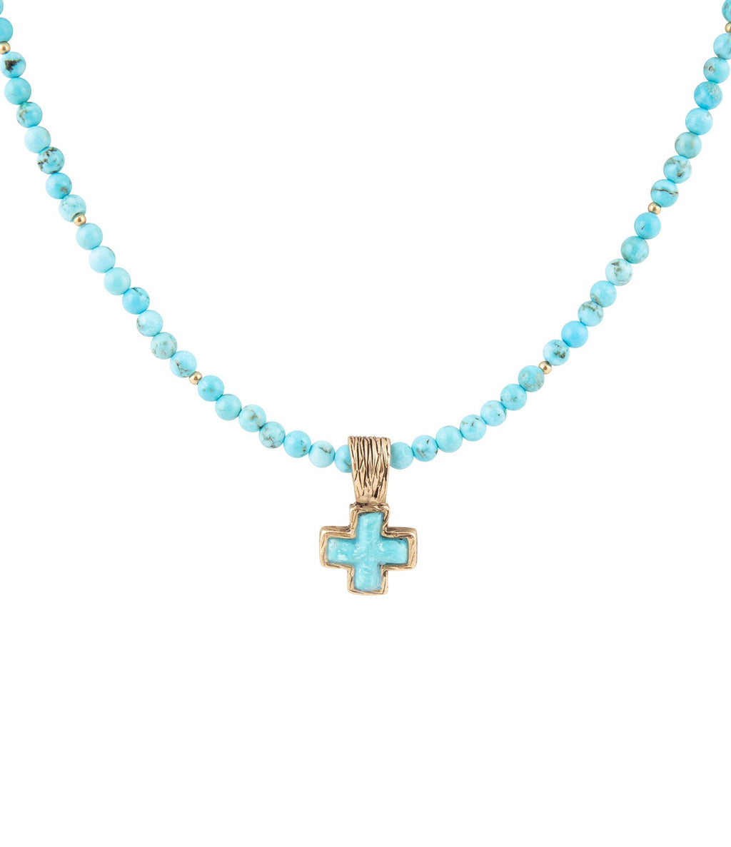 Blue Turquoise Cross Golden Pendant Necklace Necklaces La Vie Bien Blue Turquoise Cross Golden Pendant Necklace