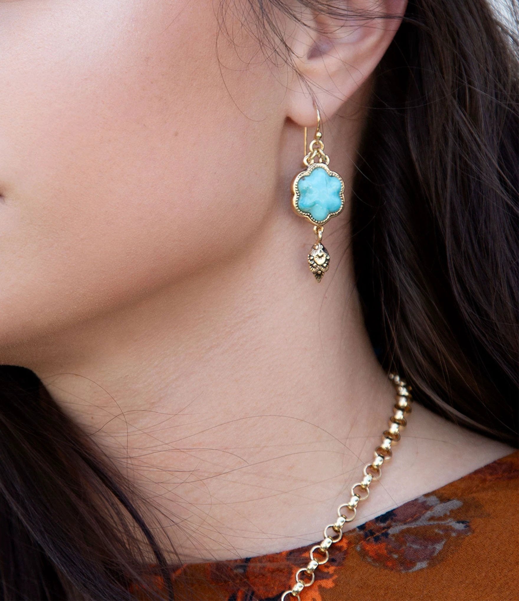 Blue Turquoise Flower Golden Drop Earrings by Barse Jewelry