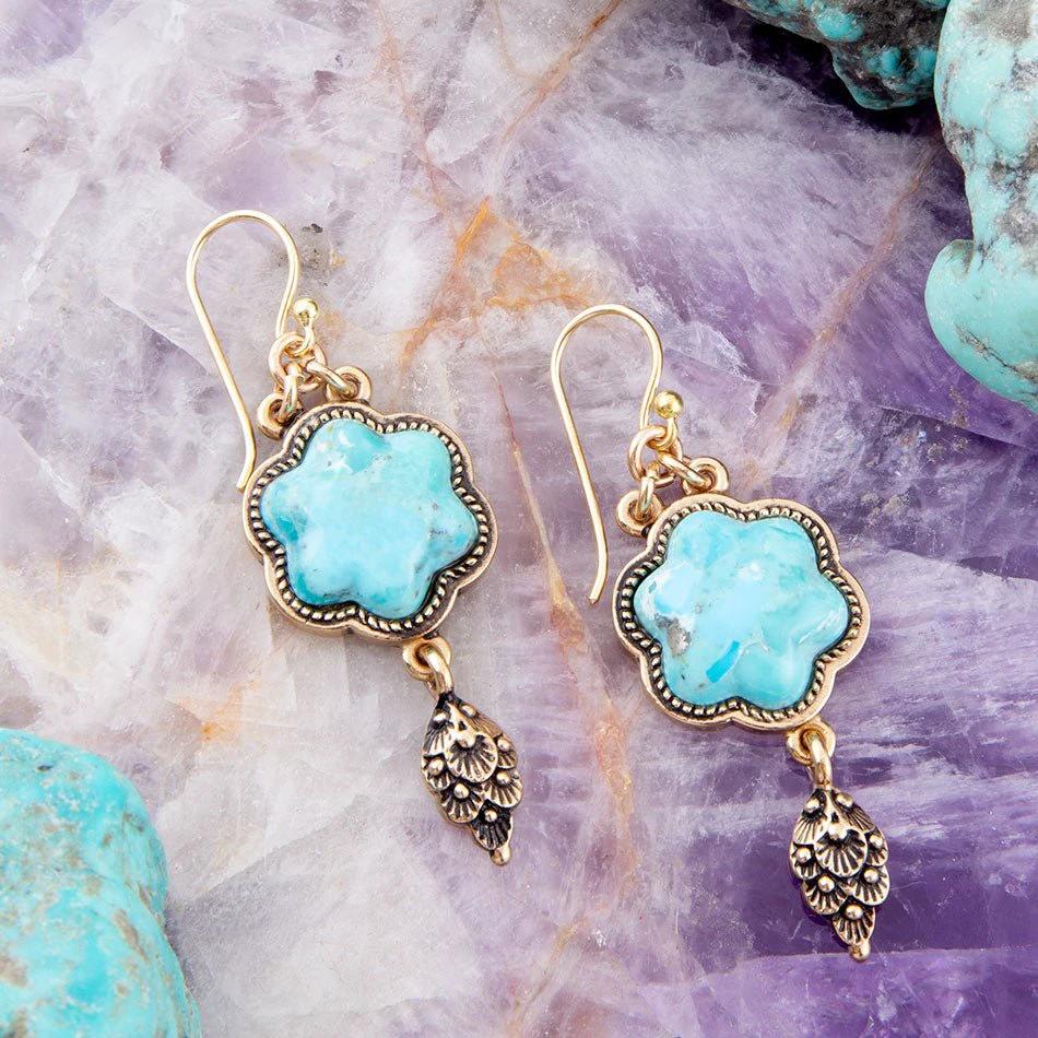 Blue Turquoise Flower Golden Drop Earrings by Barse Jewelry