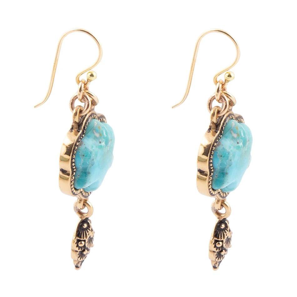 Blue Turquoise Flower Golden Drop Earrings by Barse Jewelry