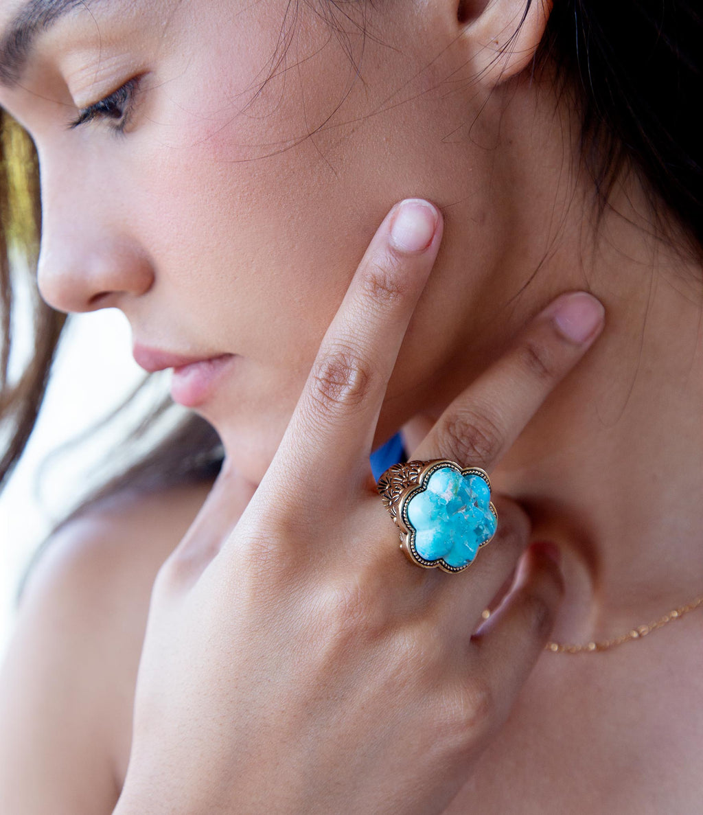 Blue Turquoise Flower Golden Ring Rings La Vie Bien Blue Turquoise Flower Golden Ring