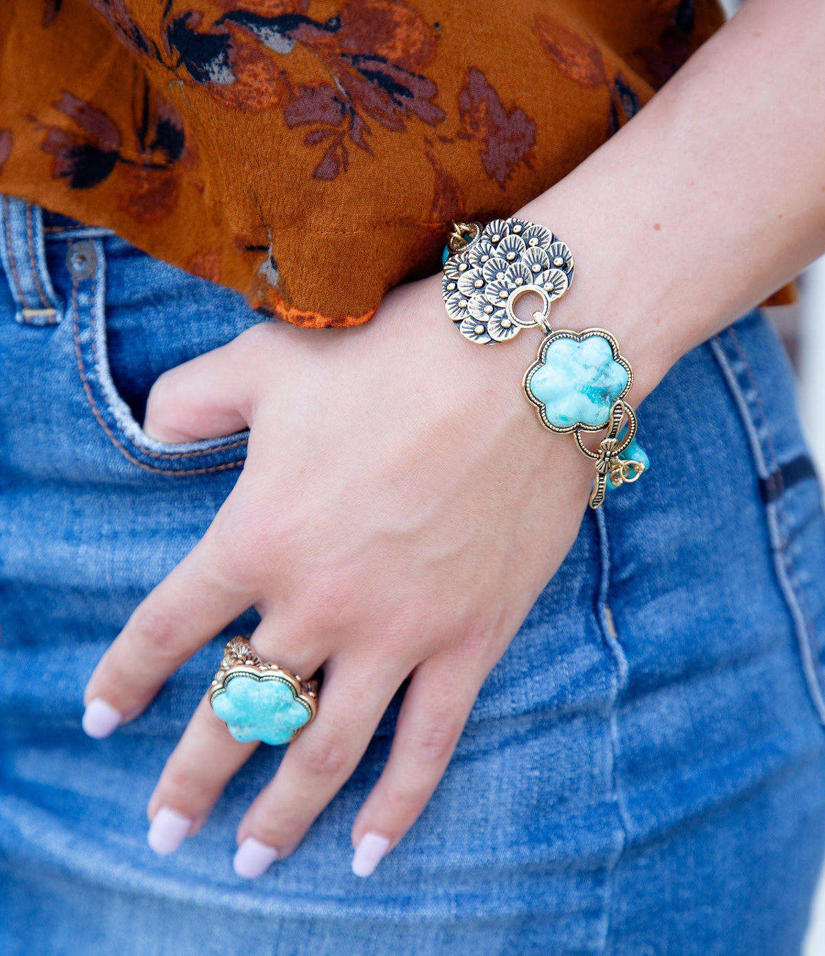 Blue Turquoise Flower Golden Ring Rings La Vie Bien Blue Turquoise Flower Golden Ring