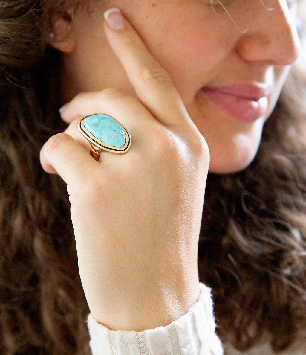 Blue Turquoise Golden Statement Ring by Barse Jewelry