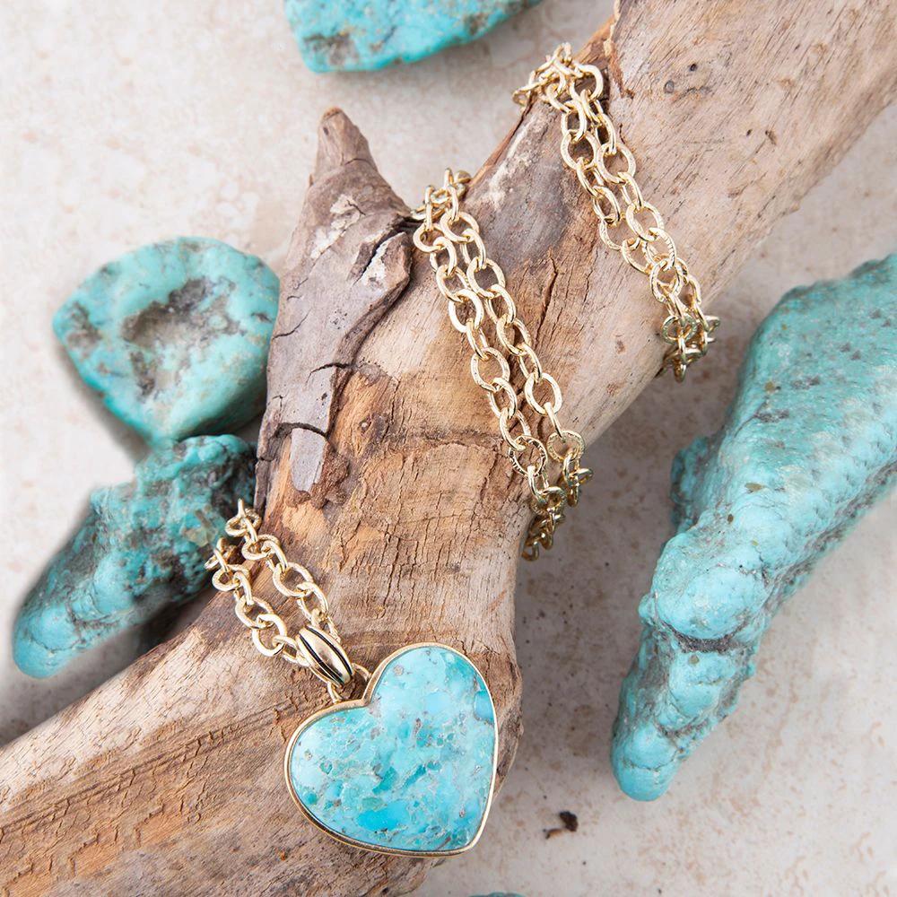 Blue Turquoise Heart Pendant Golden Necklace by Barse Jewelry